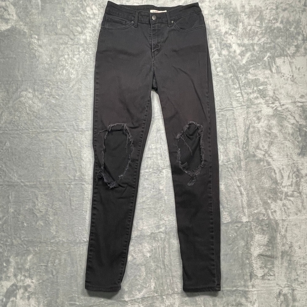 Levi's 721 High Rise Skinny Women 28 Black Distressed Ripped Knee Jeans